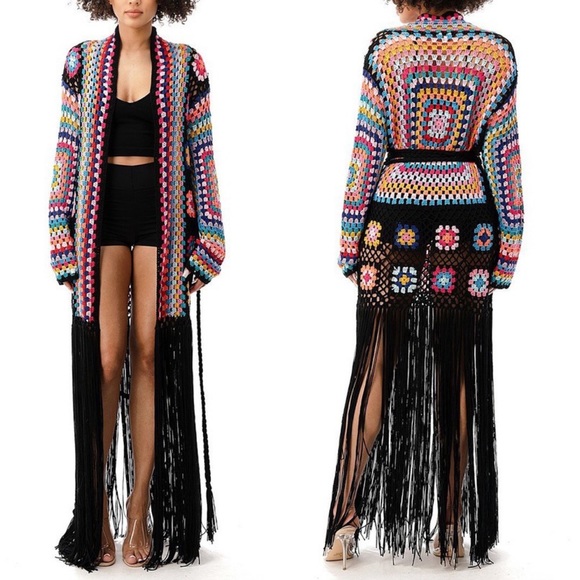 Out Of Office Black Granny Square Fringe Crochet Cardigan - Picture 4 of 8